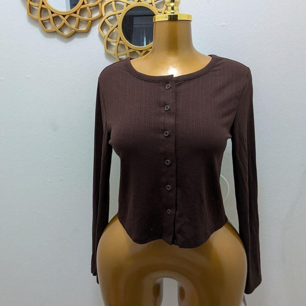 Auden Brown Ribbed Long Sleeve Henley Top Button Up Knit Shirt Small S